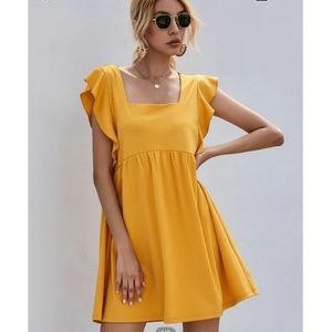Square Neck Ruffle Trim Smock Dress